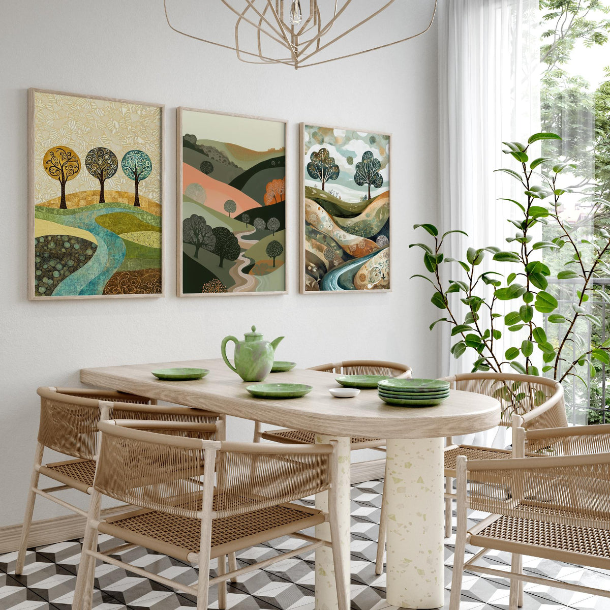 Set of Three Golden Hills Landscape Art Prints - Swirl Trees River - 3 Olive Pink Country Posters - Folk Illustration Painting V9