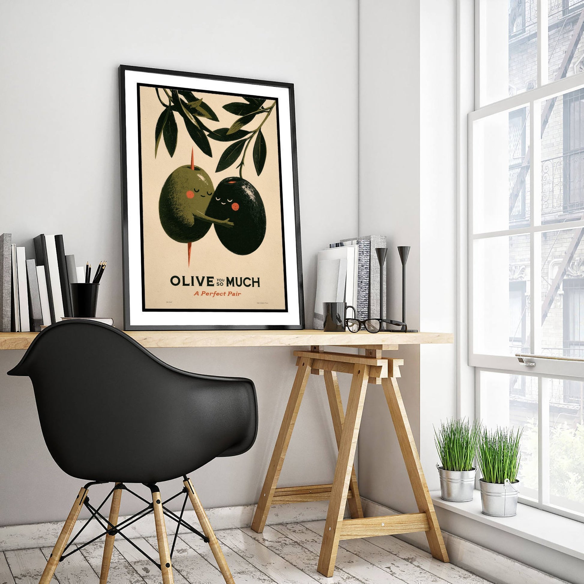 Olive You So Much Art Print - Green and Black Olive Couple Poster - Romantic Food Pun Illustration - A Perfect Pair Kitchen Decor V1