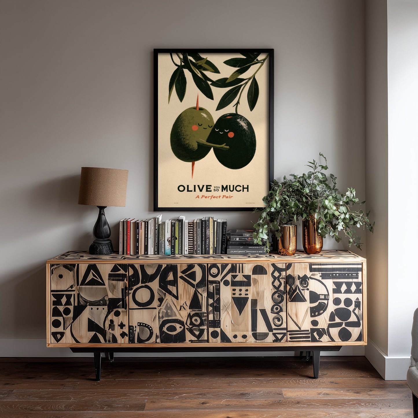 Olive You So Much Art Print - Green and Black Olive Couple Poster - Romantic Food Pun Illustration - A Perfect Pair Kitchen Decor V1