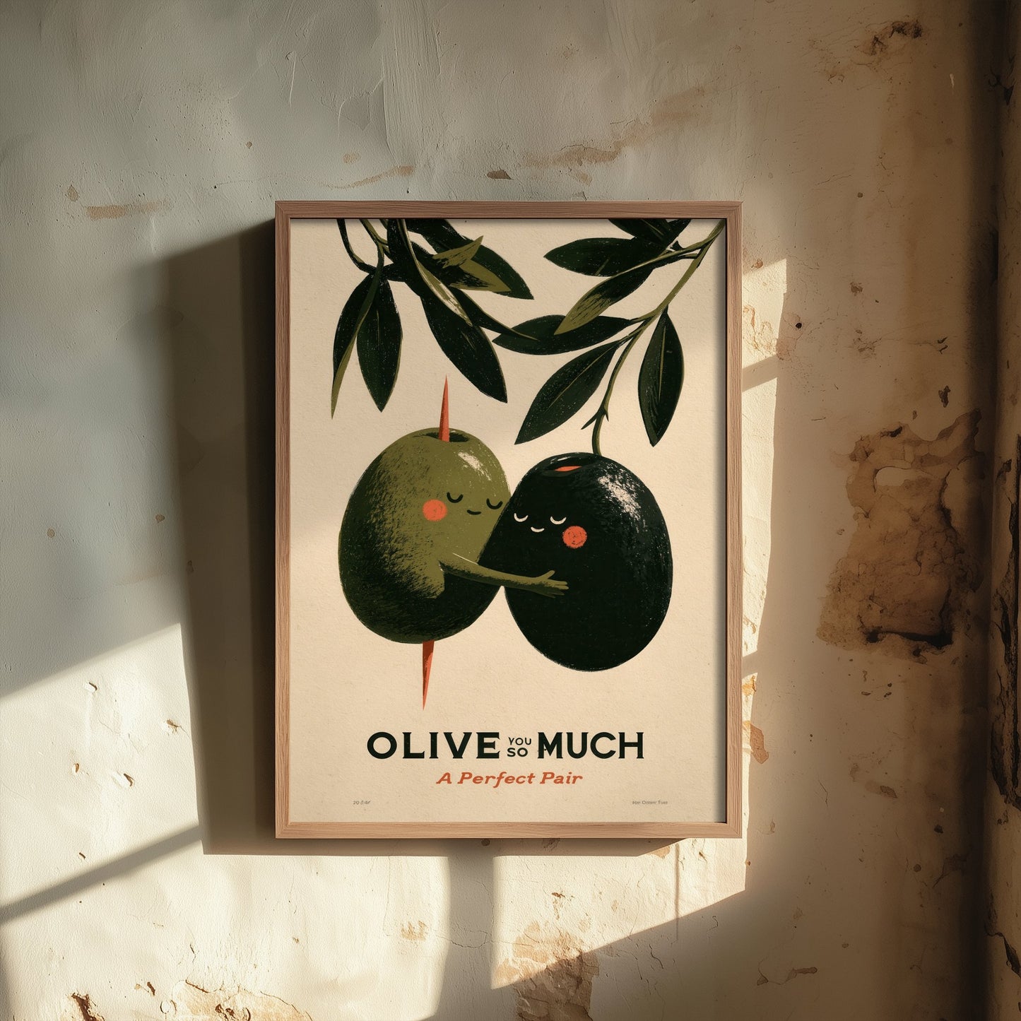 Olive You So Much Art Print - Green and Black Olive Couple Poster - Romantic Food Pun Illustration - A Perfect Pair Kitchen Decor V1