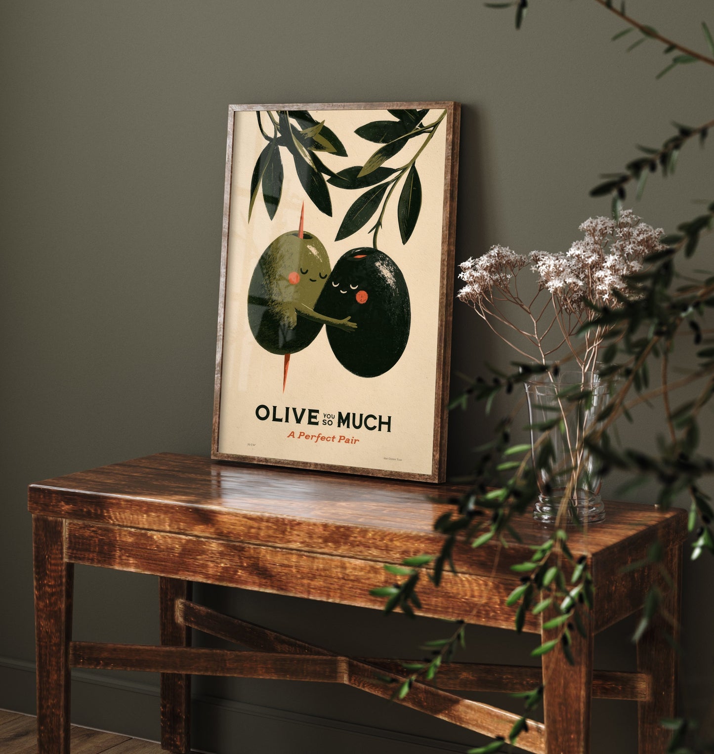 Olive You So Much Art Print - Green and Black Olive Couple Poster - Romantic Food Pun Illustration - A Perfect Pair Kitchen Decor V1