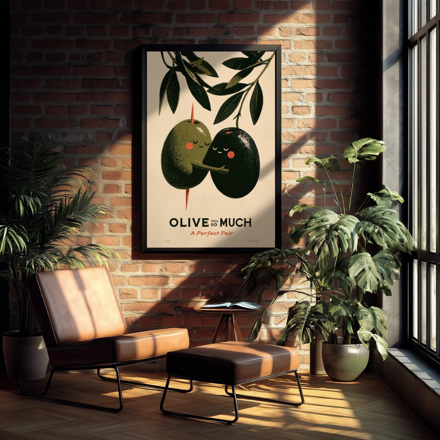 Olive You So Much Art Print - Green and Black Olive Couple Poster - Romantic Food Pun Illustration - A Perfect Pair Kitchen Decor V1