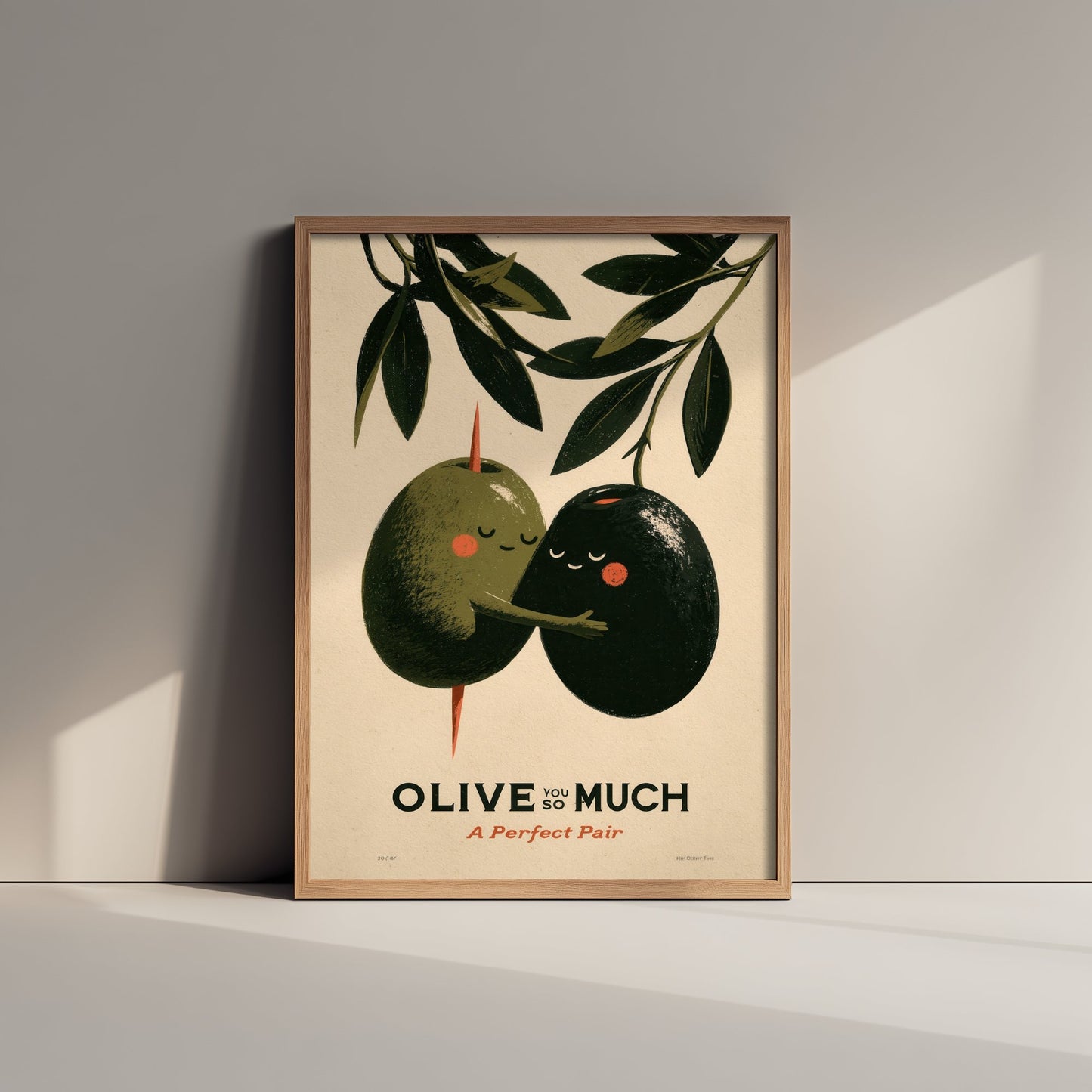 Olive You So Much Art Print - Green and Black Olive Couple Poster - Romantic Food Pun Illustration - A Perfect Pair Kitchen Decor V1