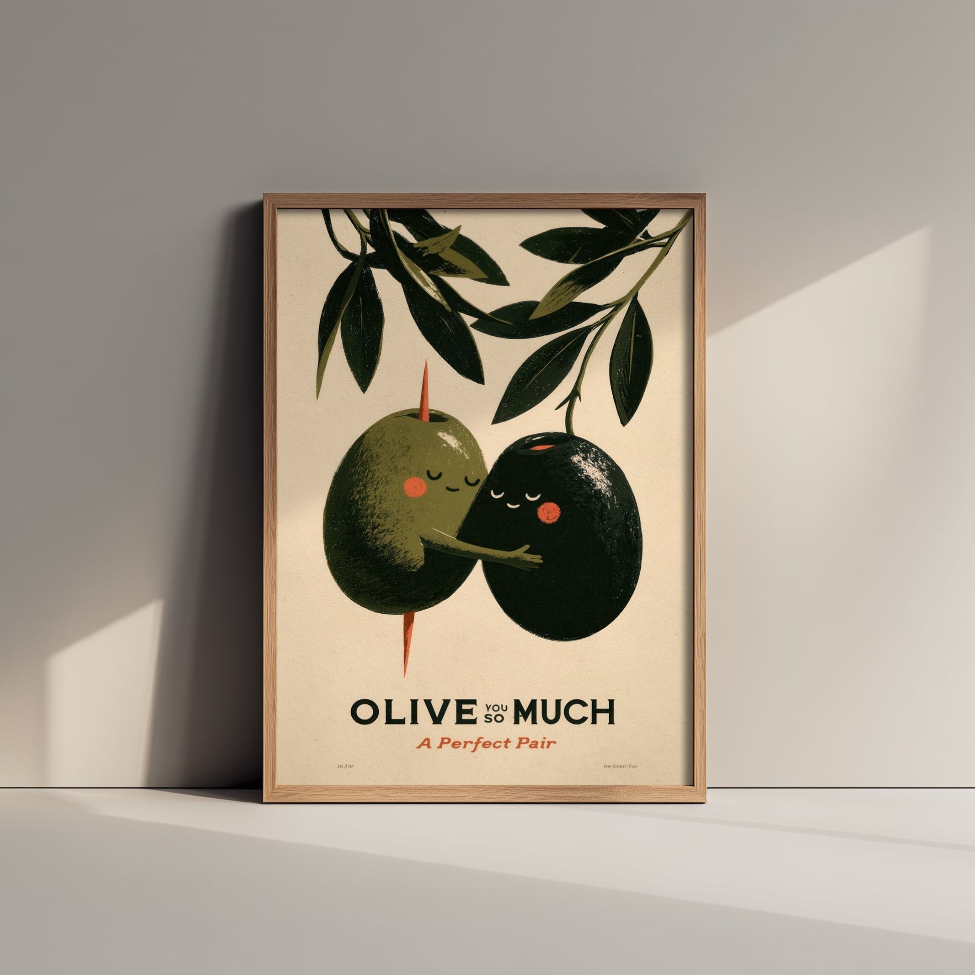 Olive You So Much Art Print - Green and Black Olive Couple Poster - Romantic Food Pun Illustration - A Perfect Pair Kitchen Decor V1