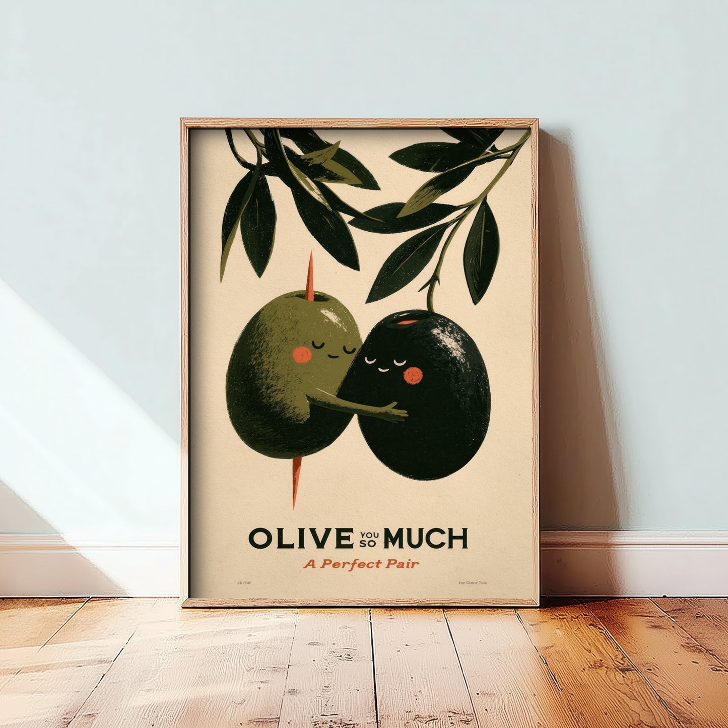 Olive You So Much Art Print - Green and Black Olive Couple Poster - Romantic Food Pun Illustration - A Perfect Pair Kitchen Decor V1