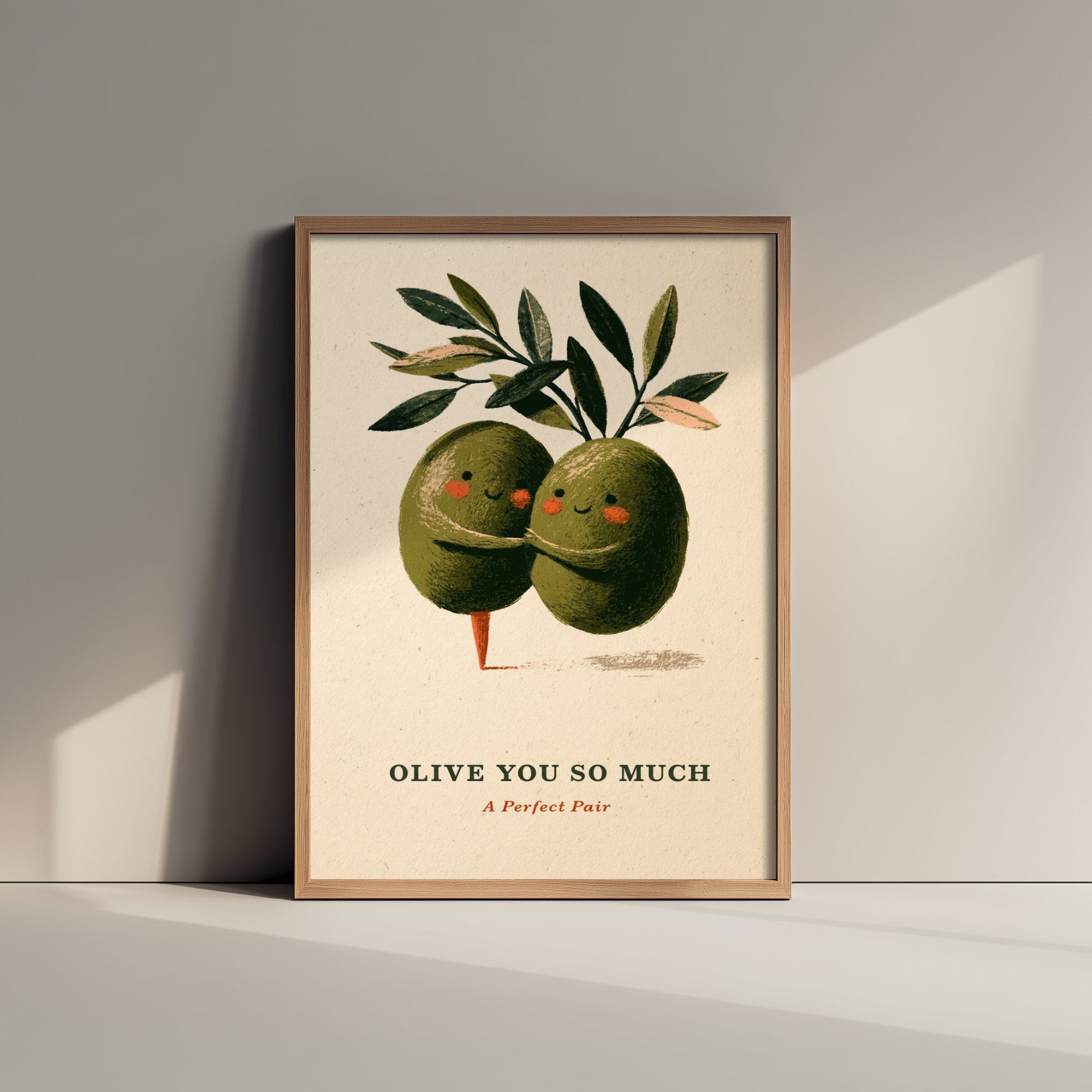 Olive You So Much Poster - Two Green Olives Hugging Art Print - Funny Valentine Illustration - Cute Vintage Foodie Romance Wall Art V2