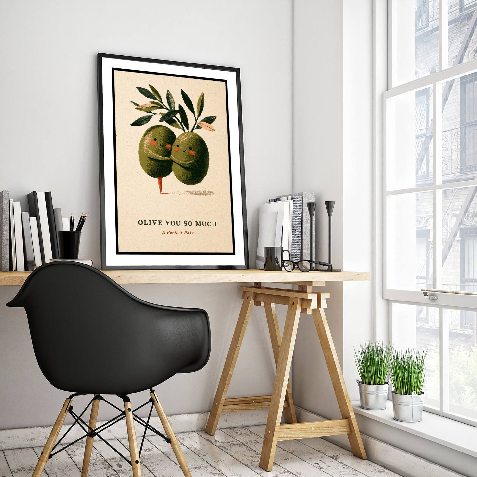 Olive You So Much Poster - Two Green Olives Hugging Art Print - Funny Valentine Illustration - Cute Vintage Foodie Romance Wall Art V2