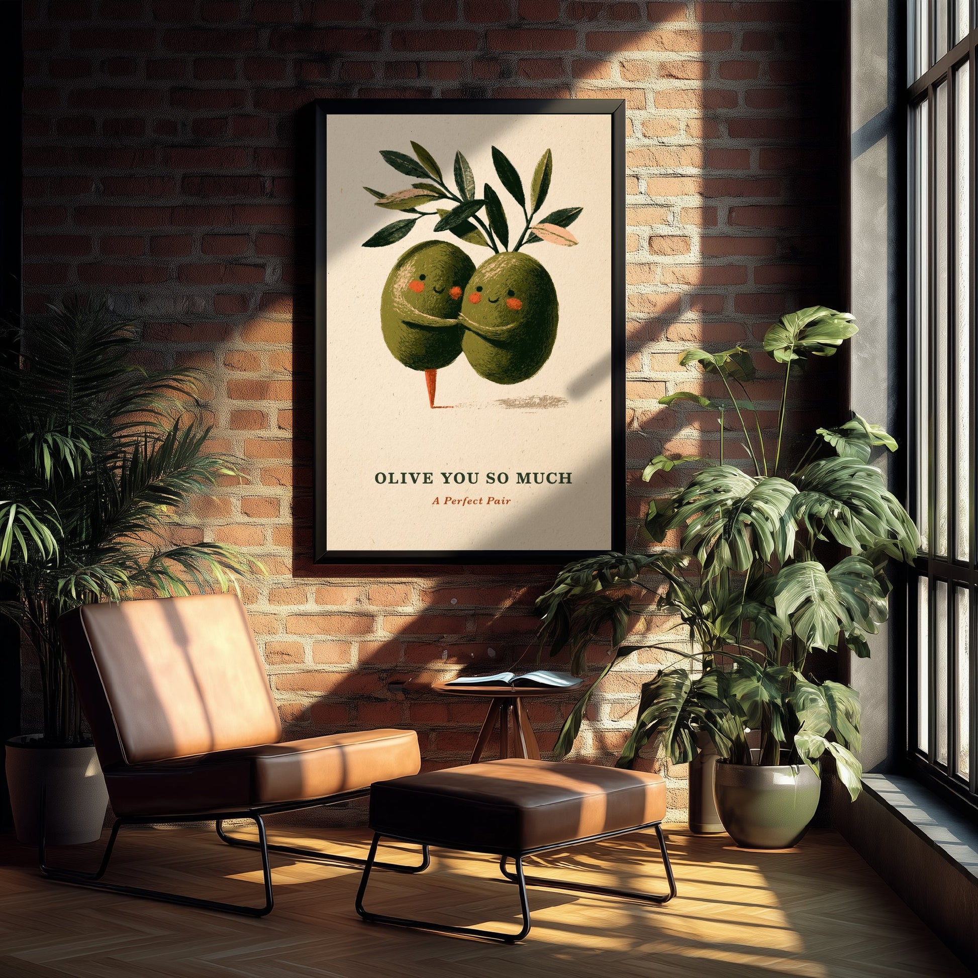 Olive You So Much Poster - Two Green Olives Hugging Art Print - Funny Valentine Illustration - Cute Vintage Foodie Romance Wall Art V2