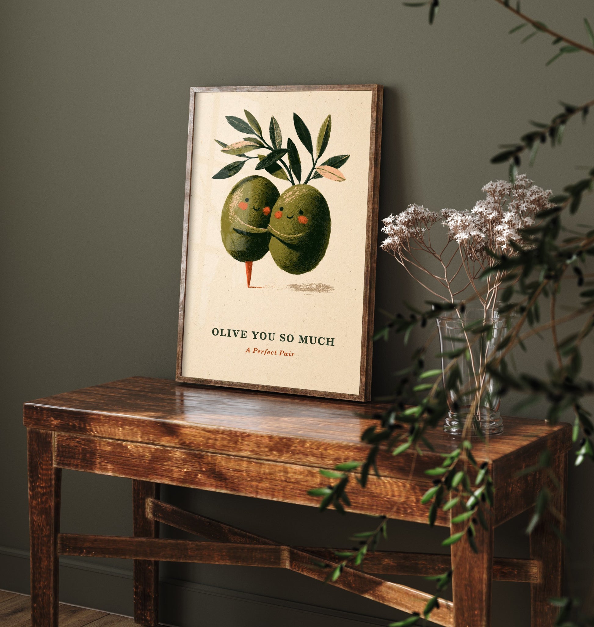 Olive You So Much Poster - Two Green Olives Hugging Art Print - Funny Valentine Illustration - Cute Vintage Foodie Romance Wall Art V2
