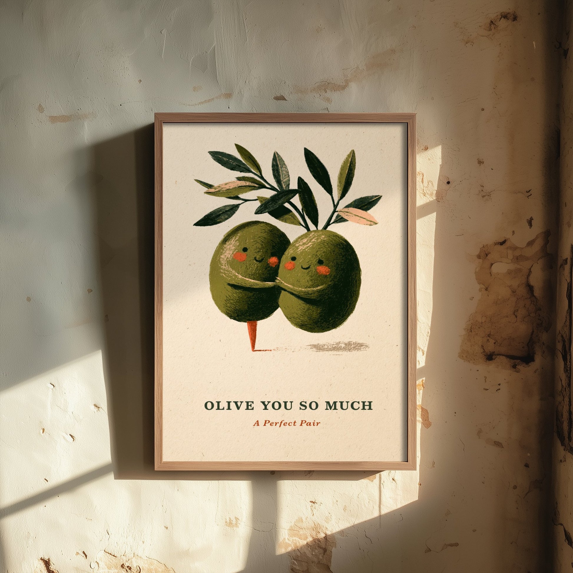 Olive You So Much Poster - Two Green Olives Hugging Art Print - Funny Valentine Illustration - Cute Vintage Foodie Romance Wall Art V2