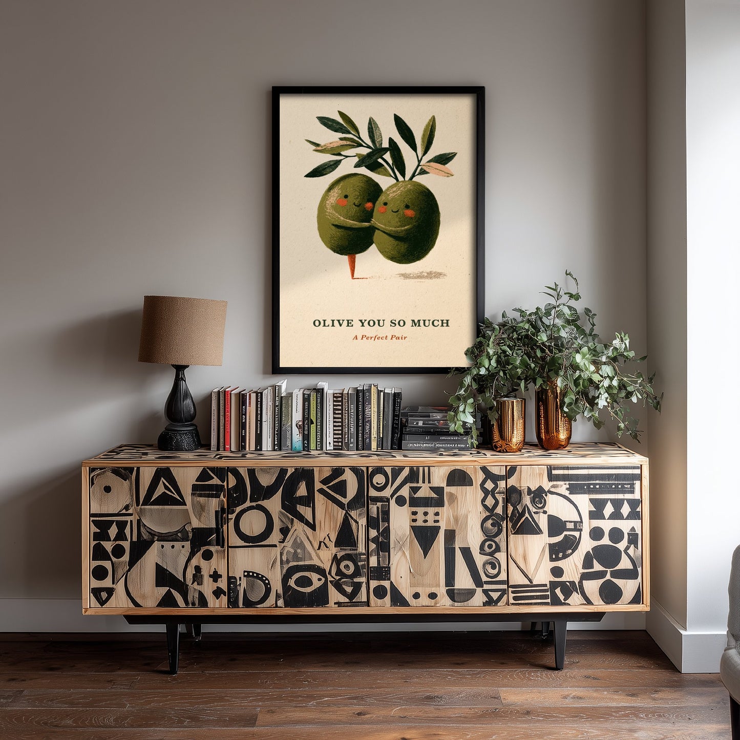 Olive You So Much Poster - Two Green Olives Hugging Art Print - Funny Valentine Illustration - Cute Vintage Foodie Romance Wall Art V2