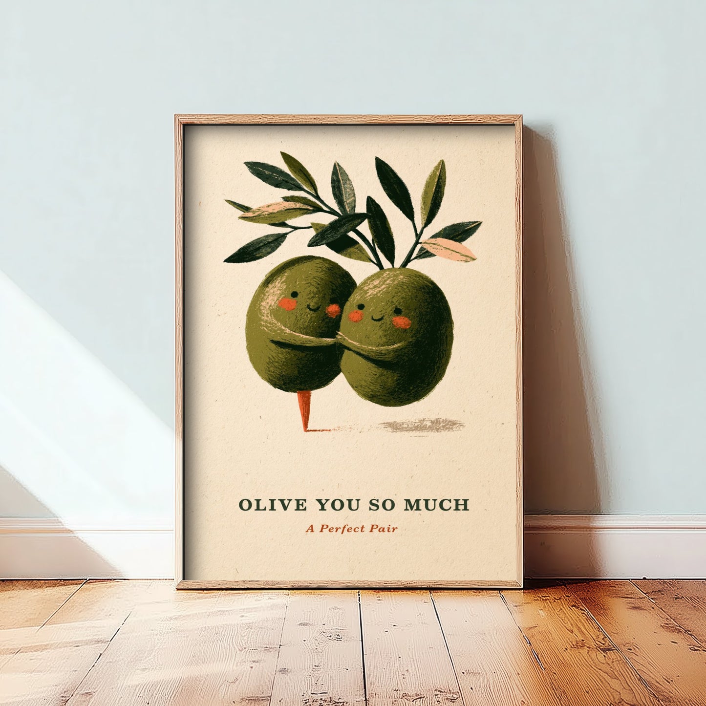 Olive You So Much Poster - Two Green Olives Hugging Art Print - Funny Valentine Illustration - Cute Vintage Foodie Romance Wall Art V2