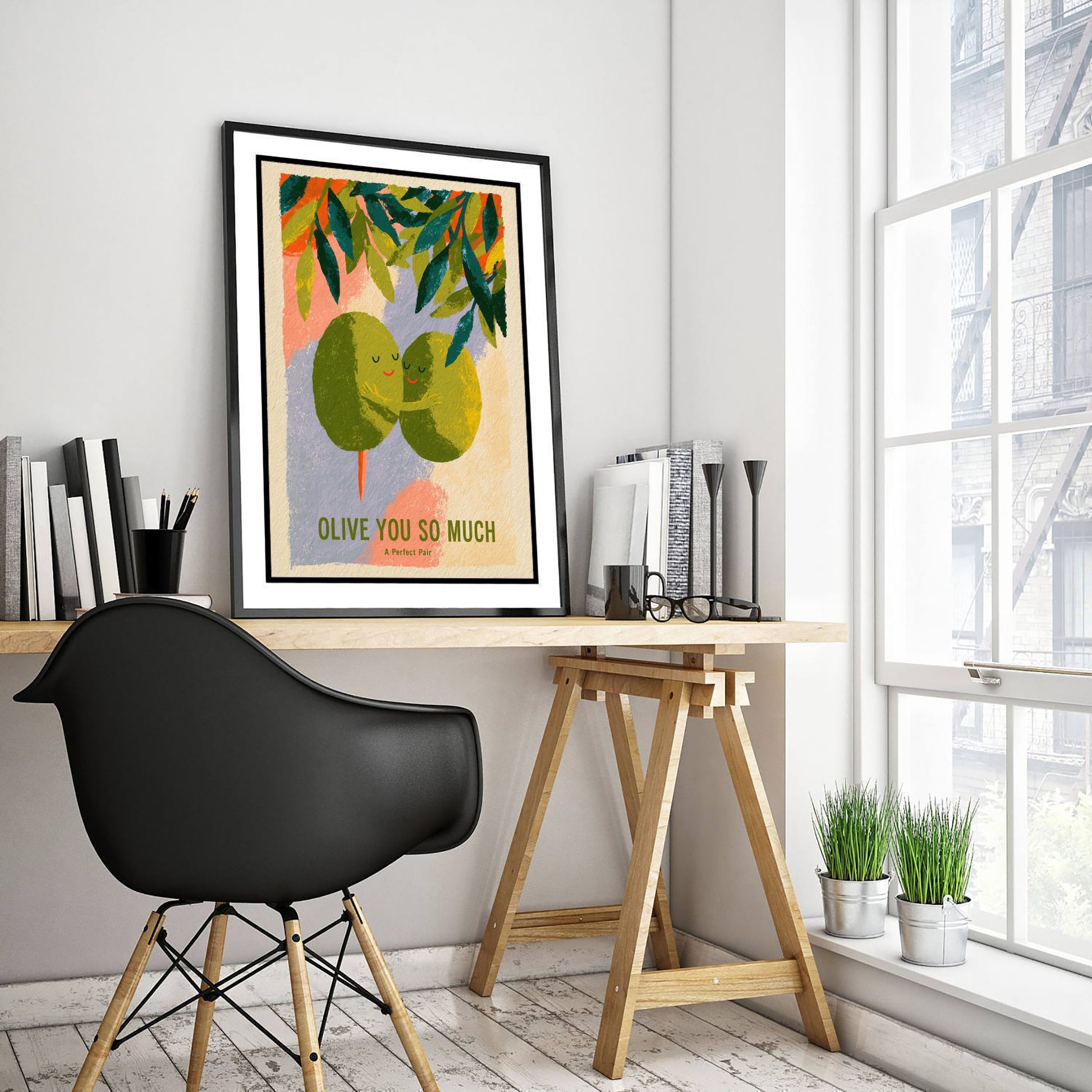Olive You So Much Wall Art - Painterly Olives in Love Print - Colourful Kitchen Pun Poster - Boho Mediterranean Illustration V3