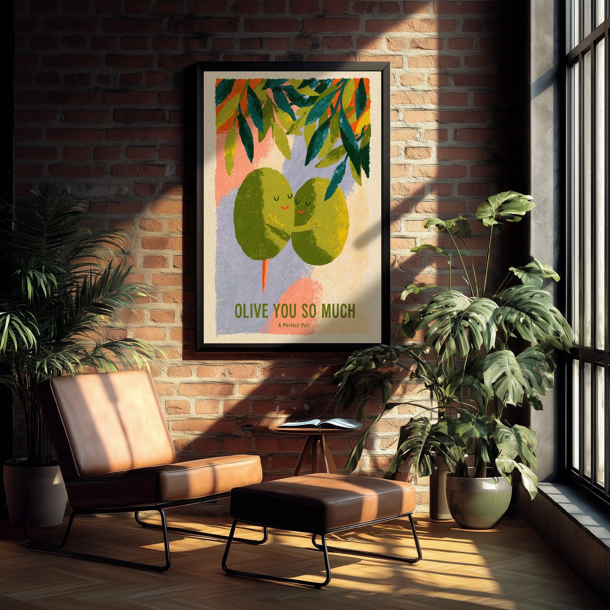 Olive You So Much Wall Art - Painterly Olives in Love Print - Colourful Kitchen Pun Poster - Boho Mediterranean Illustration V3