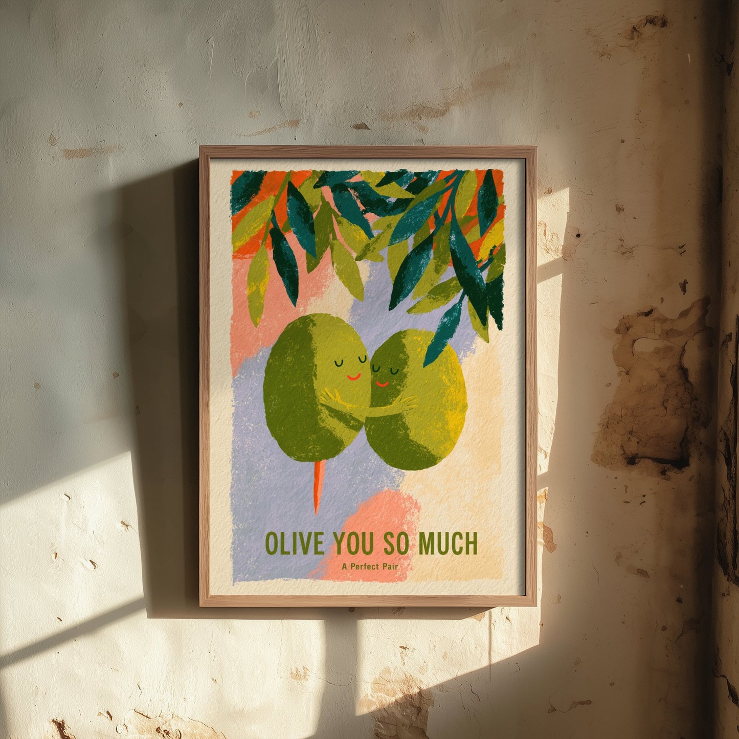 Olive You So Much Wall Art - Painterly Olives in Love Print - Colourful Kitchen Pun Poster - Boho Mediterranean Illustration V3