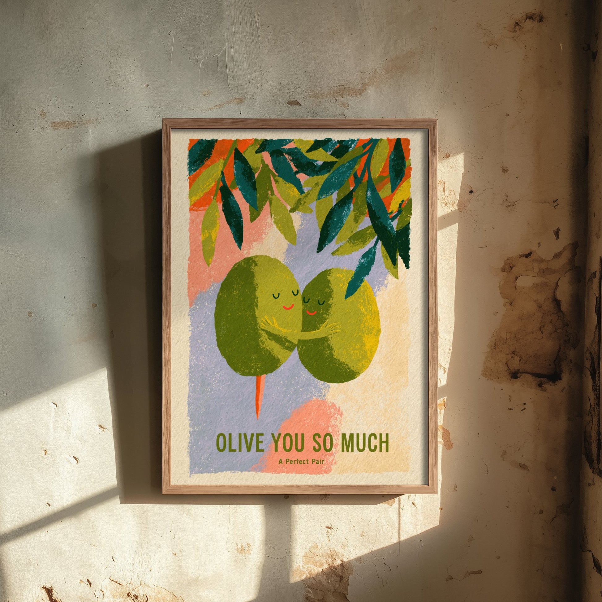 Olive You So Much Wall Art - Painterly Olives in Love Print - Colourful Kitchen Pun Poster - Boho Mediterranean Illustration V3