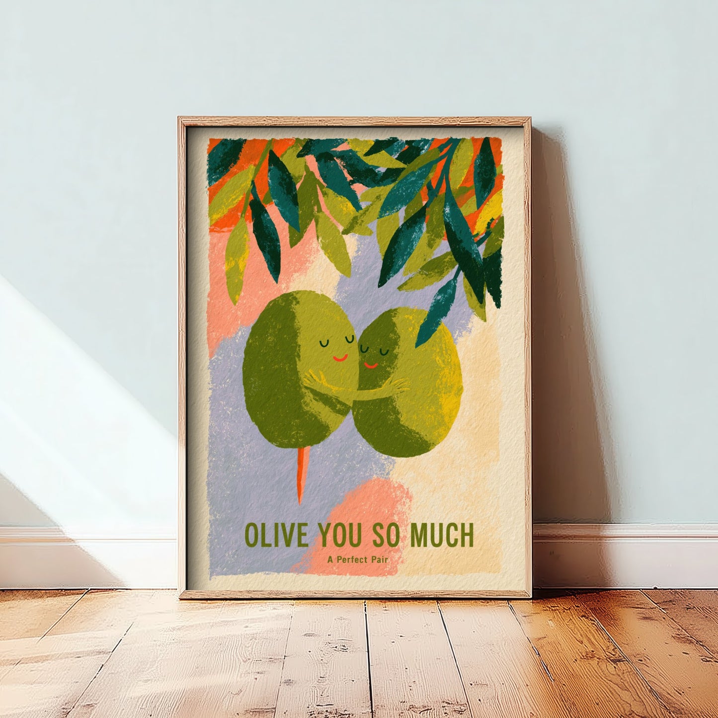 Olive You So Much Wall Art - Painterly Olives in Love Print - Colourful Kitchen Pun Poster - Boho Mediterranean Illustration V3