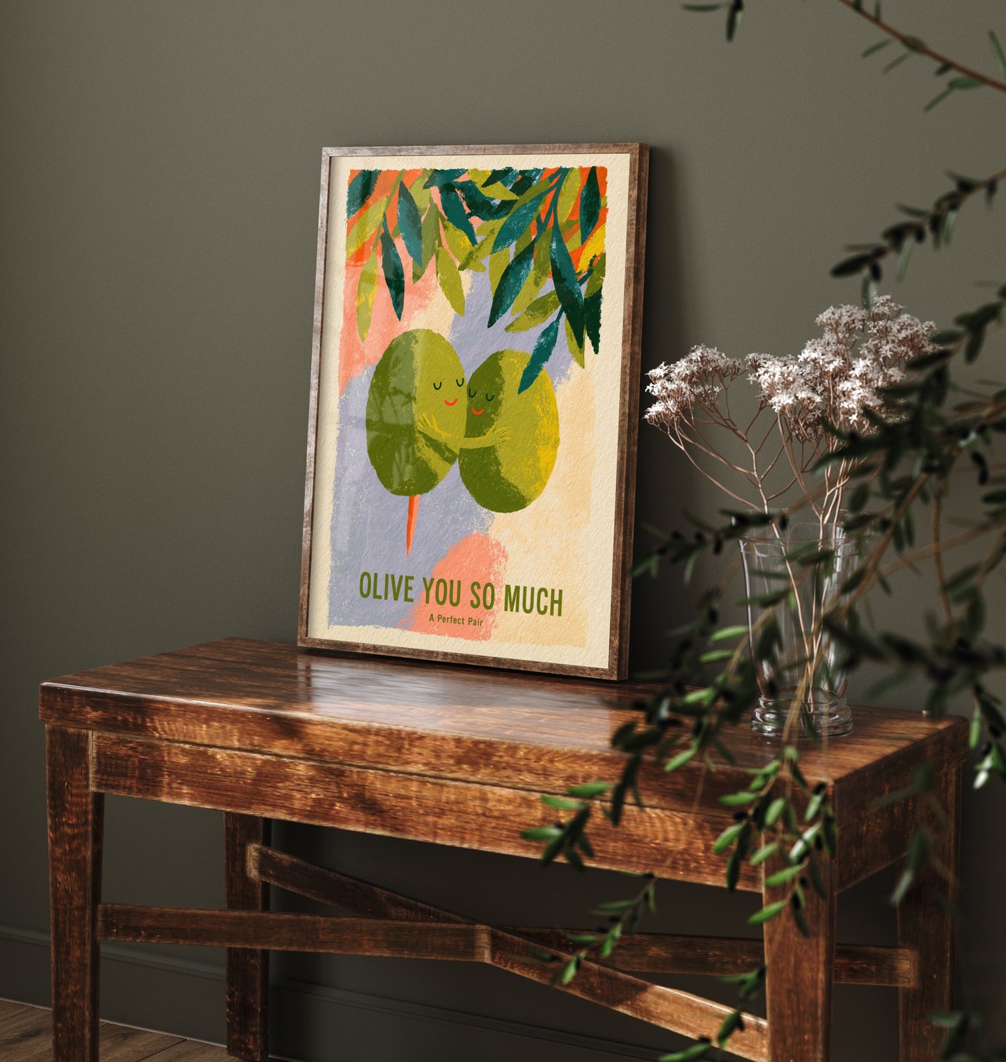 Olive You So Much Wall Art - Painterly Olives in Love Print - Colourful Kitchen Pun Poster - Boho Mediterranean Illustration V3