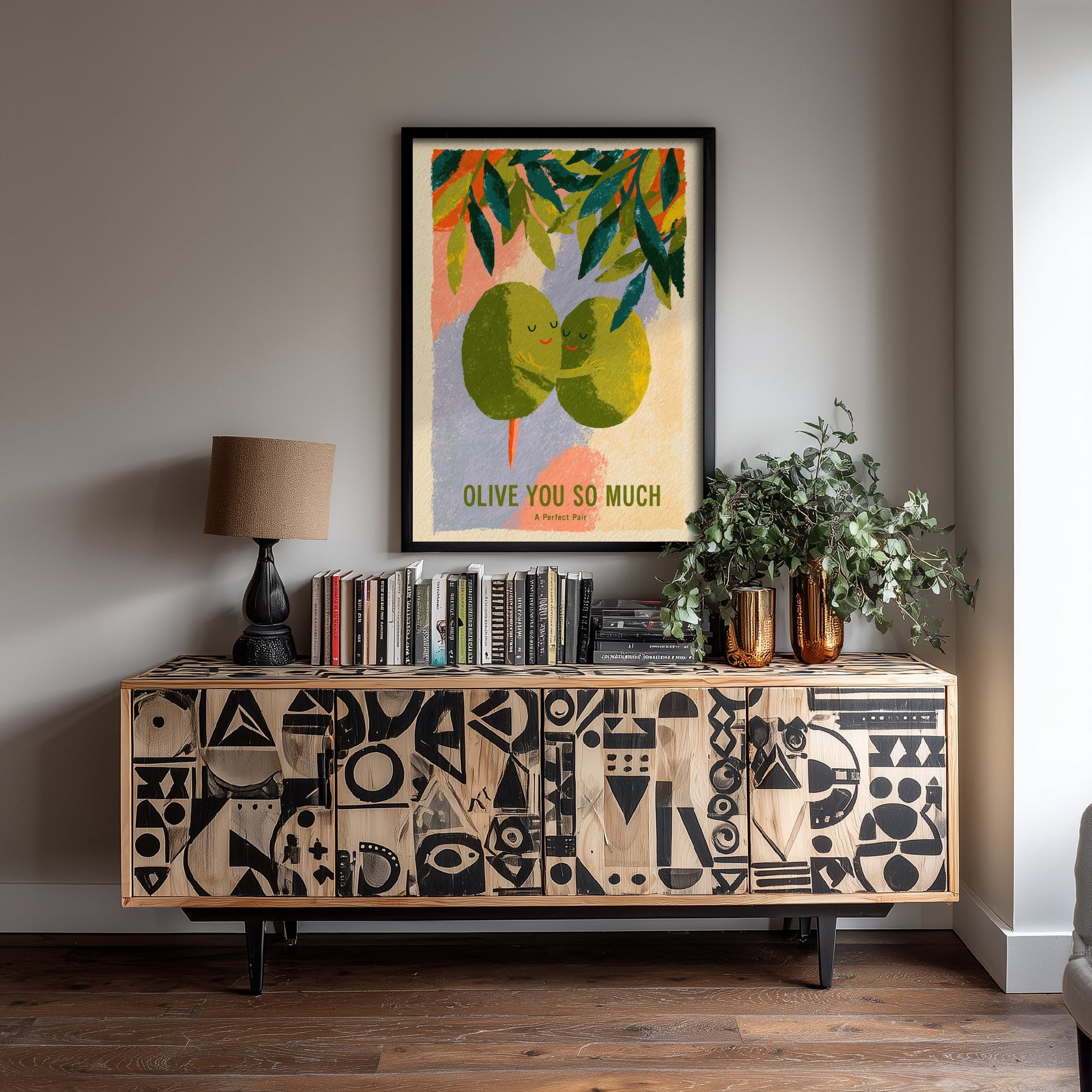 Olive You So Much Wall Art - Painterly Olives in Love Print - Colourful Kitchen Pun Poster - Boho Mediterranean Illustration V3