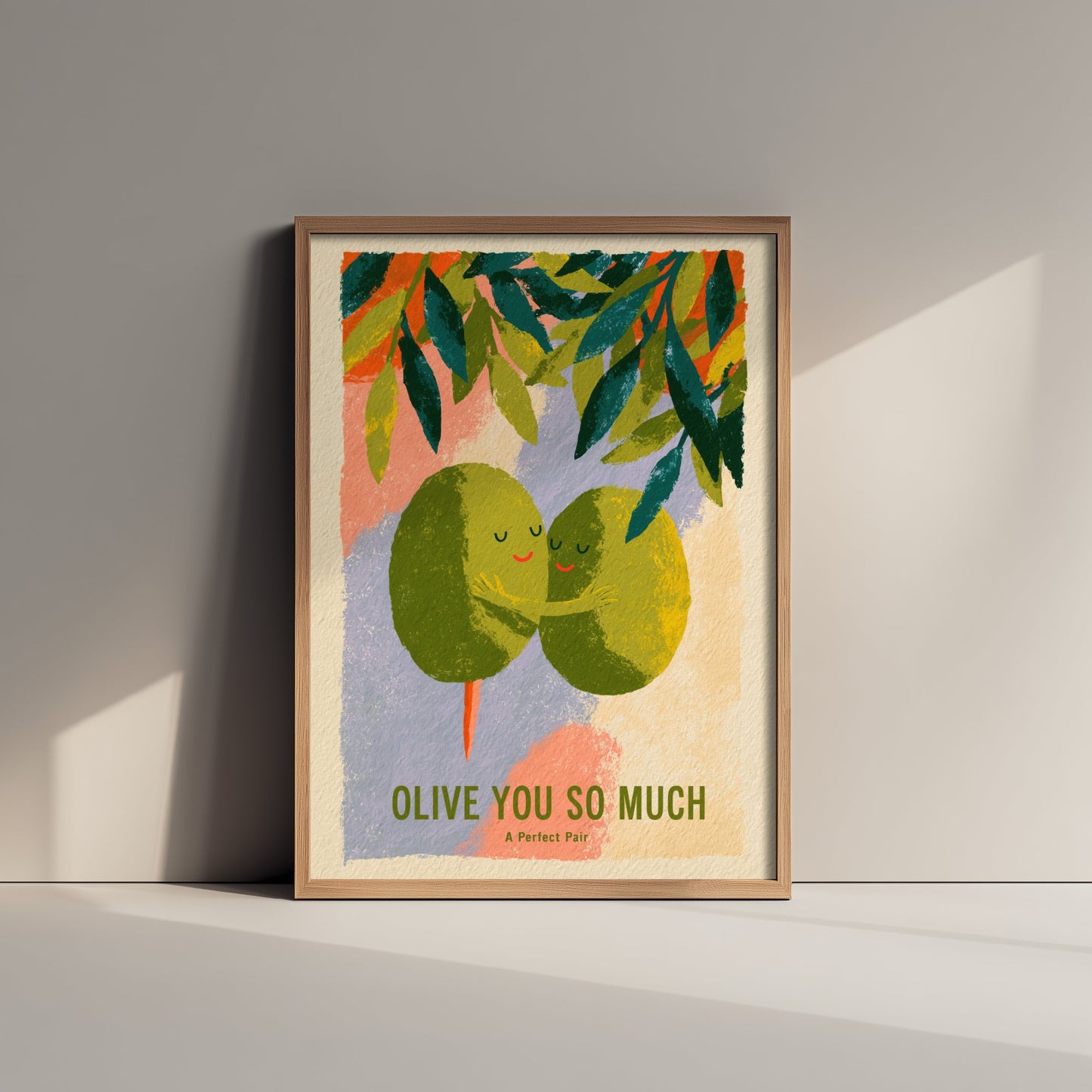 Olive You So Much Wall Art - Painterly Olives in Love Print - Colourful Kitchen Pun Poster - Boho Mediterranean Illustration V3