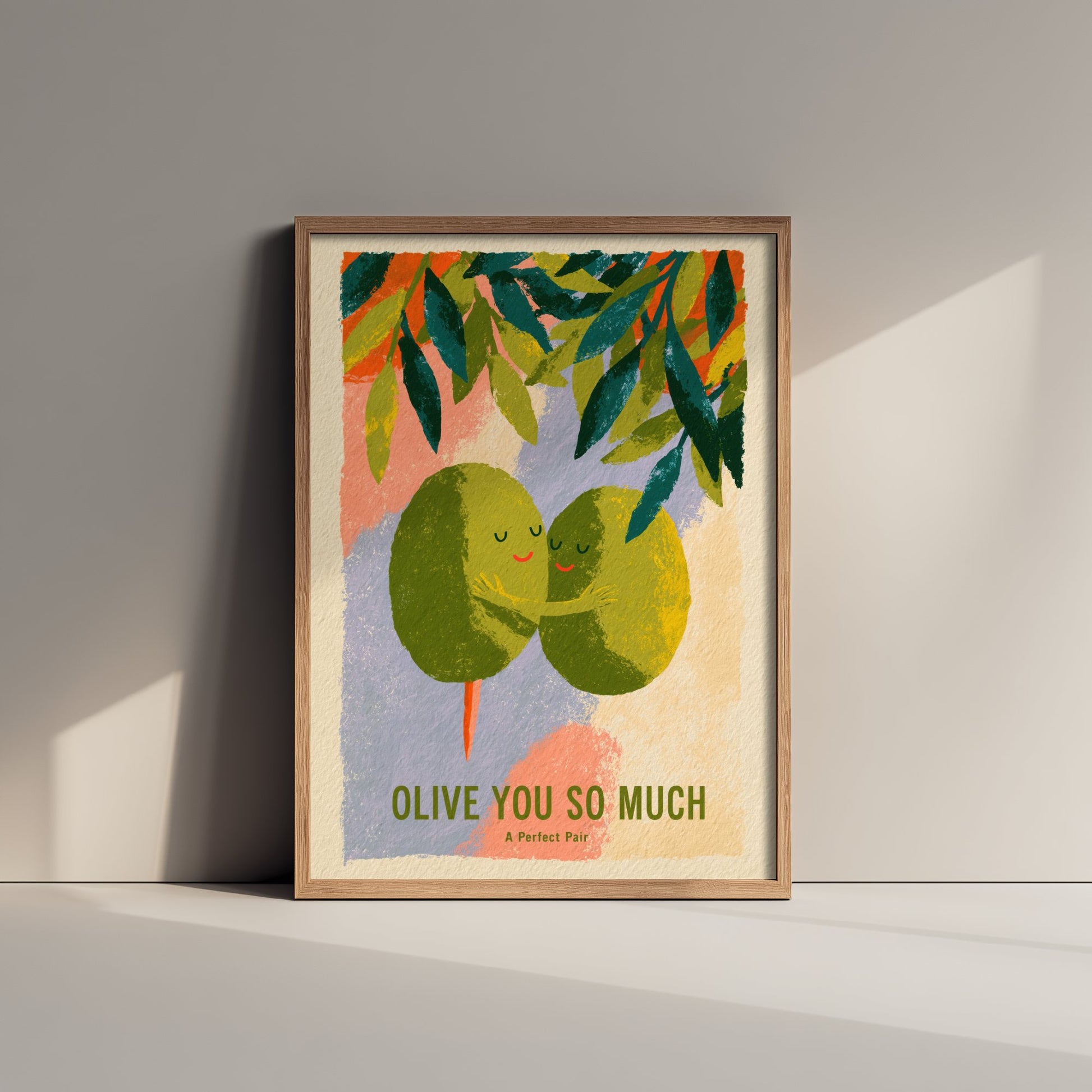 Olive You So Much Wall Art - Painterly Olives in Love Print - Colourful Kitchen Pun Poster - Boho Mediterranean Illustration V3