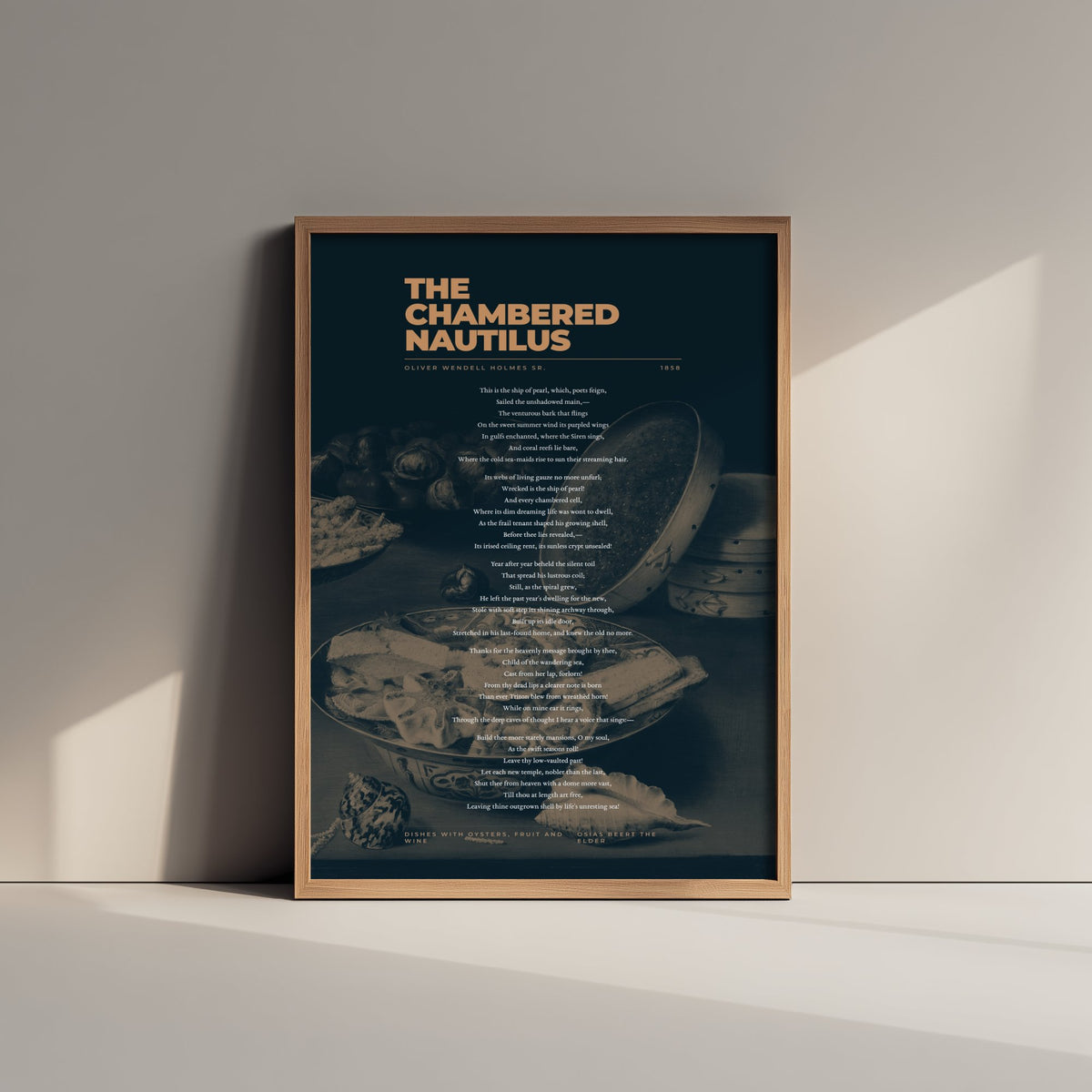 The Chambered Nautilus by Oliver Wendell Holmes Sr Art Print - Full Poem Poster - Seashell Poetry over Classic Still Life Painting
