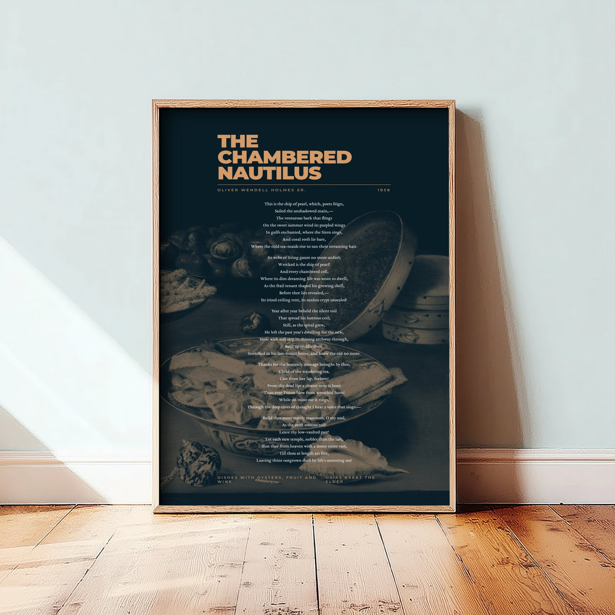 The Chambered Nautilus by Oliver Wendell Holmes Sr Art Print - Full Poem Poster - Seashell Poetry over Classic Still Life Painting