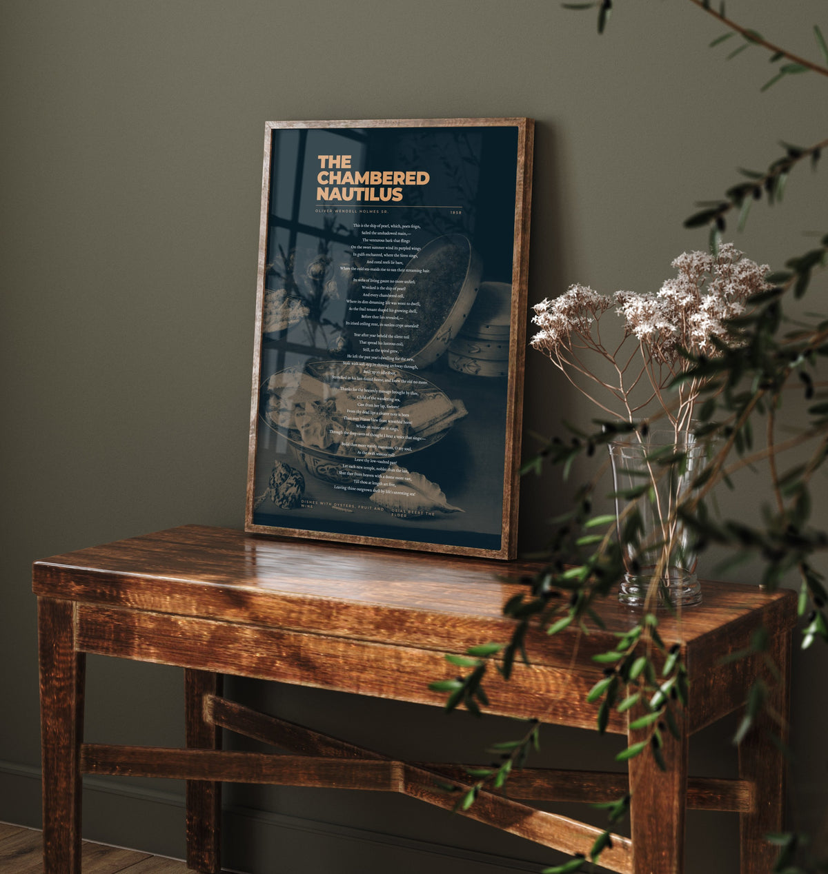 The Chambered Nautilus by Oliver Wendell Holmes Sr Art Print - Full Poem Poster - Seashell Poetry over Classic Still Life Painting