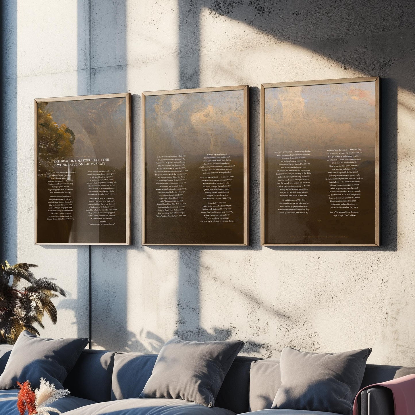 The Deacons Masterpiece by Oliver Wendell Holmes Set of Three Art Prints - One Hoss Shay Full Poem over Cole Painting - Poster Triptych
