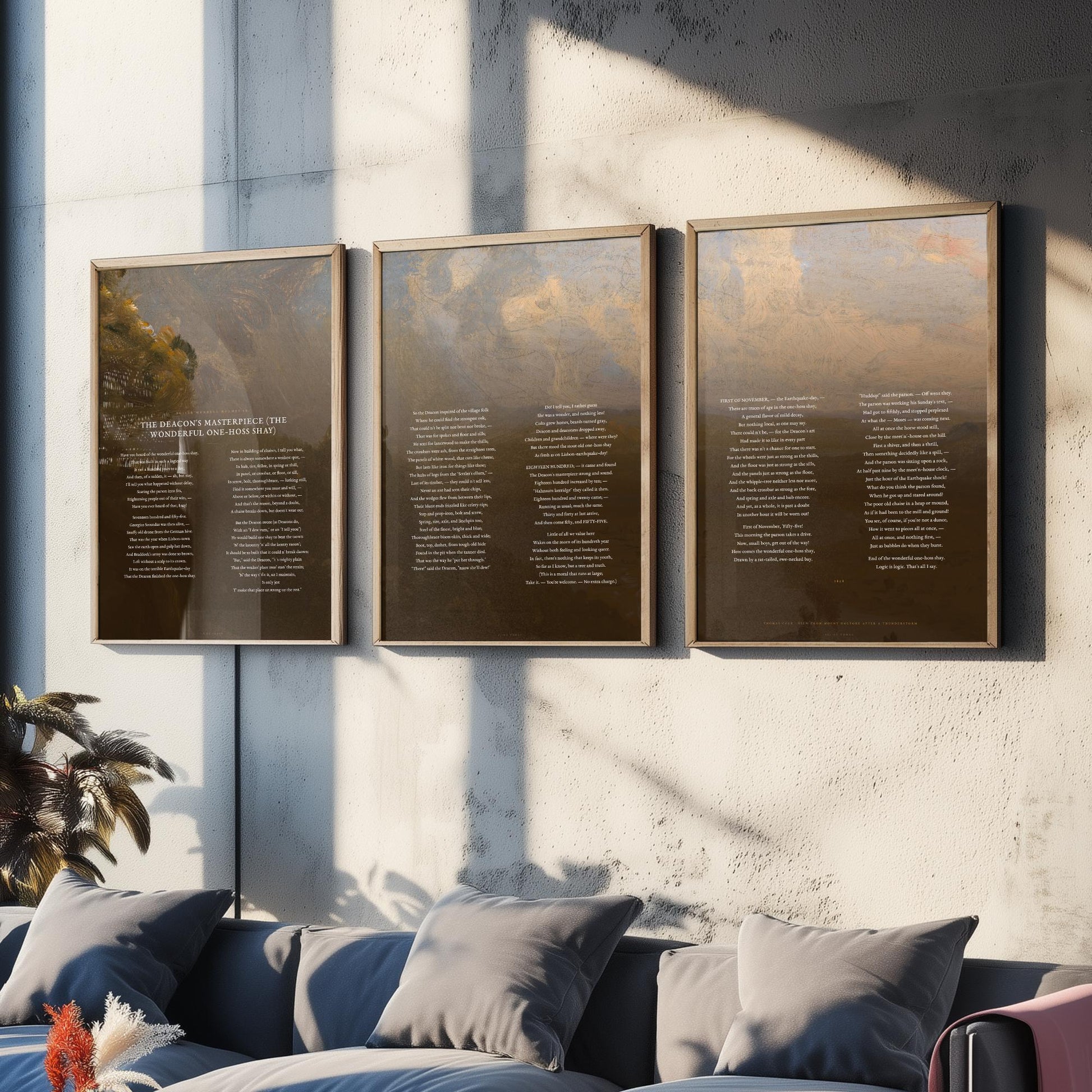 The Deacons Masterpiece by Oliver Wendell Holmes Set of Three Art Prints - One Hoss Shay Full Poem over Cole Painting - Poster Triptych