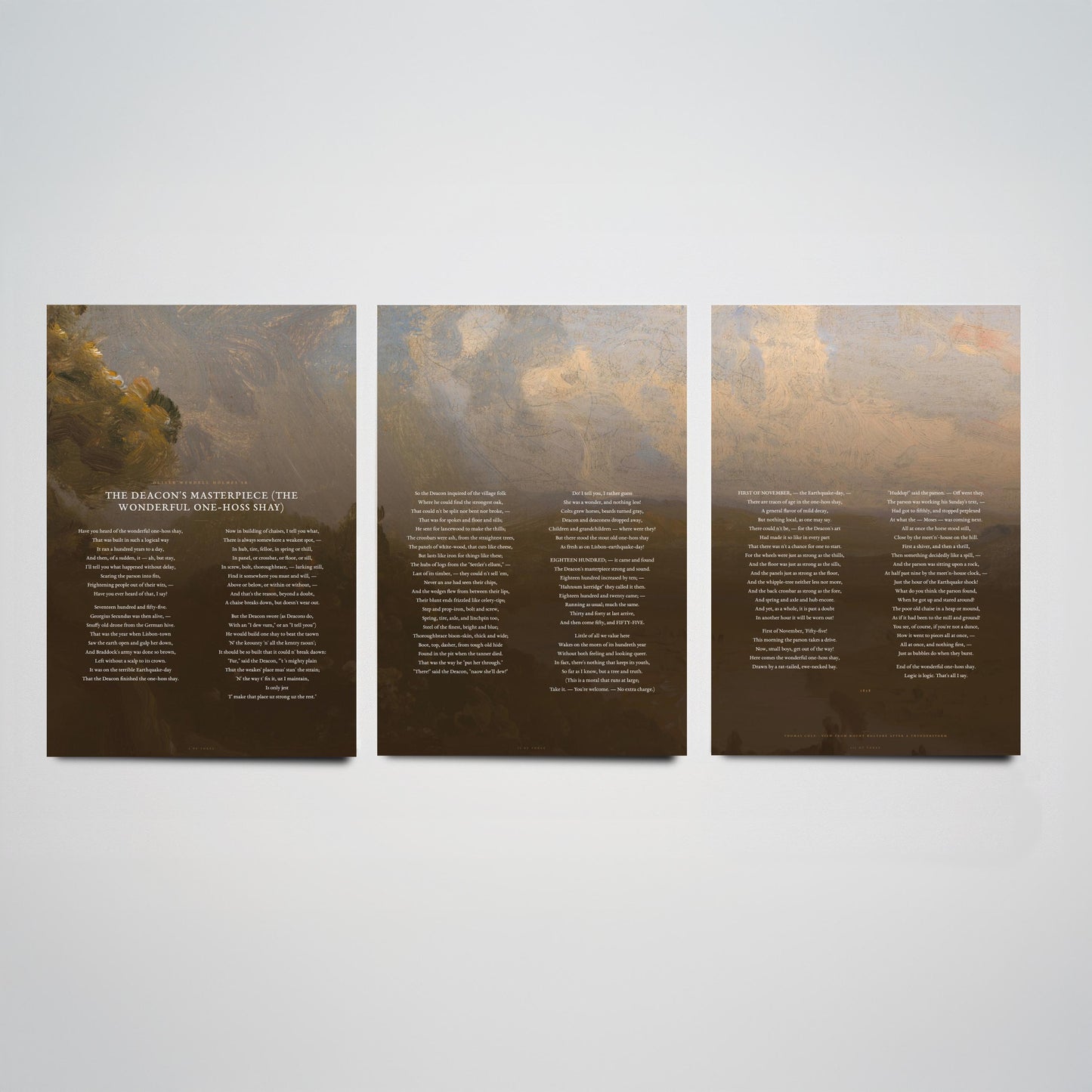 The Deacons Masterpiece by Oliver Wendell Holmes Set of Three Art Prints - One Hoss Shay Full Poem over Cole Painting - Poster Triptych