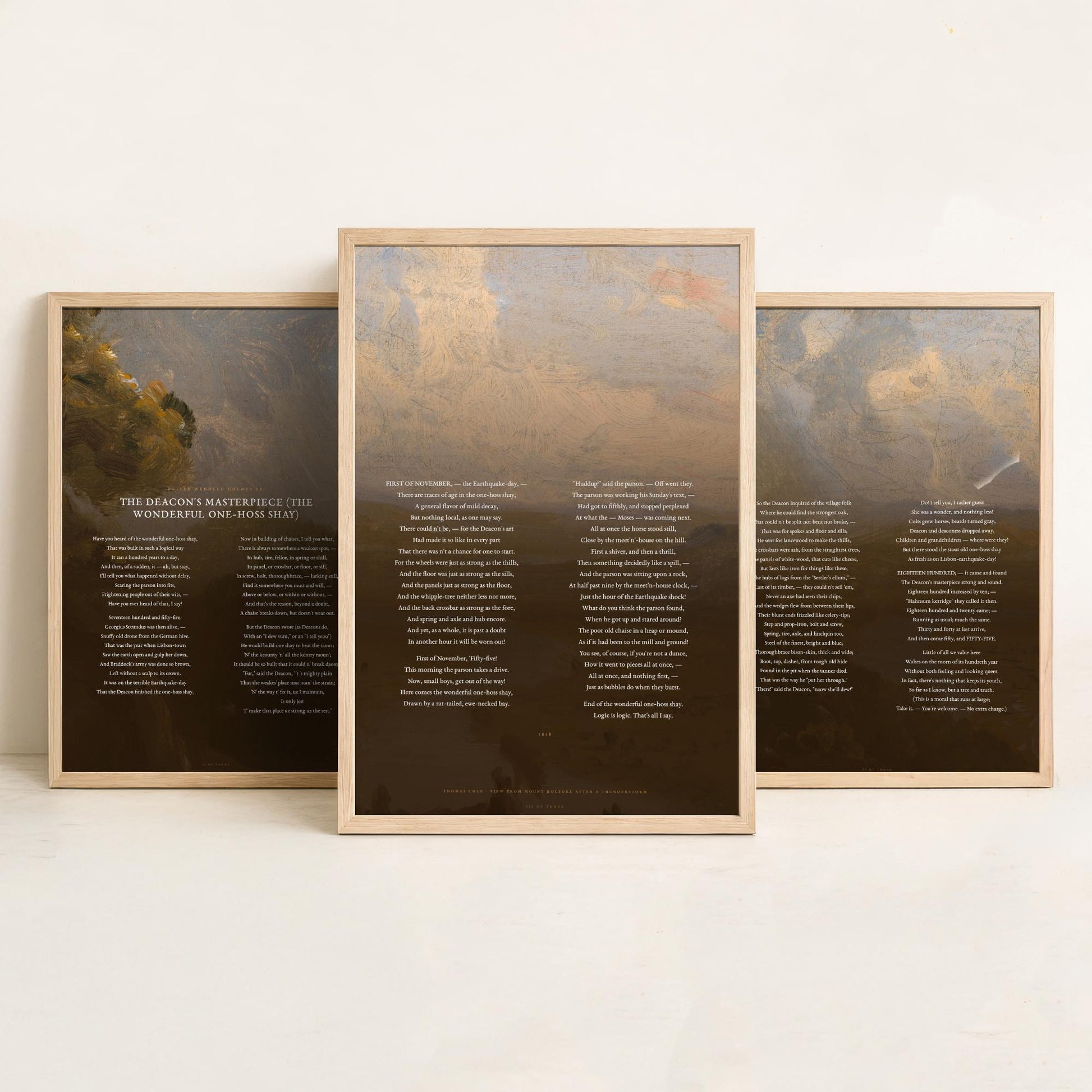 The Deacons Masterpiece by Oliver Wendell Holmes Set of Three Art Prints - One Hoss Shay Full Poem over Cole Painting - Poster Triptych