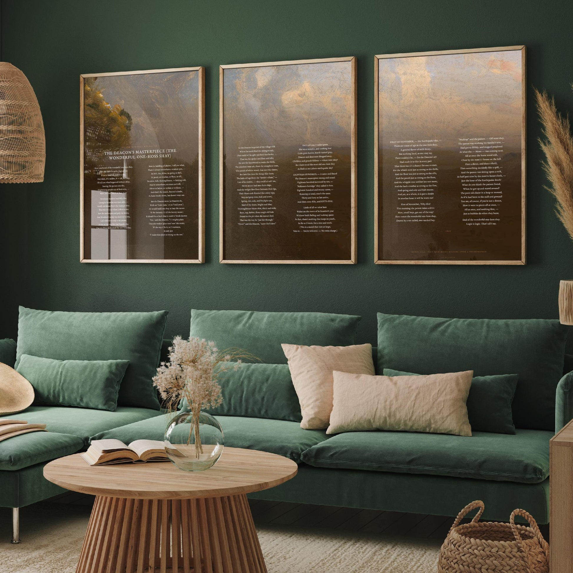 The Deacons Masterpiece by Oliver Wendell Holmes Set of Three Art Prints - One Hoss Shay Full Poem over Cole Painting - Poster Triptych