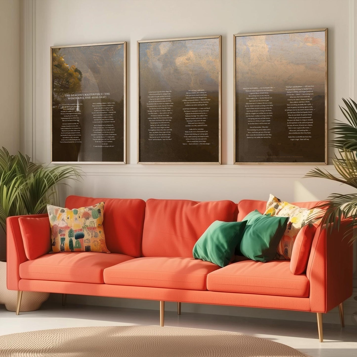 The Deacons Masterpiece by Oliver Wendell Holmes Set of Three Art Prints - One Hoss Shay Full Poem over Cole Painting - Poster Triptych