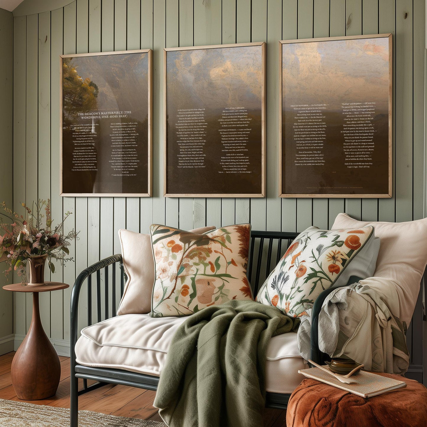 The Deacons Masterpiece by Oliver Wendell Holmes Set of Three Art Prints - One Hoss Shay Full Poem over Cole Painting - Poster Triptych