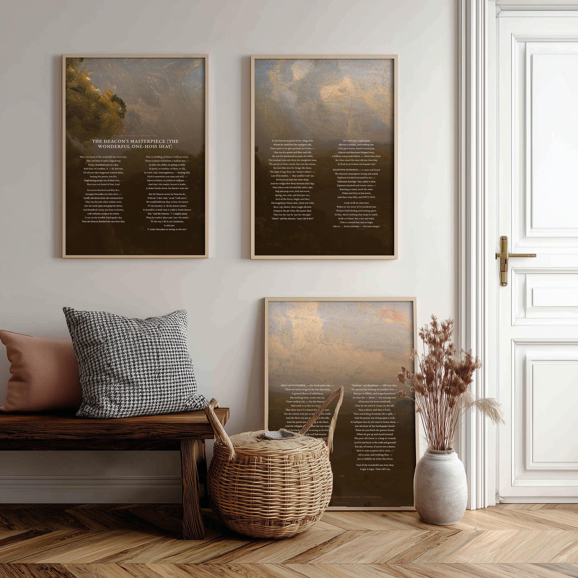 The Deacons Masterpiece by Oliver Wendell Holmes Set of Three Art Prints - One Hoss Shay Full Poem over Cole Painting - Poster Triptych