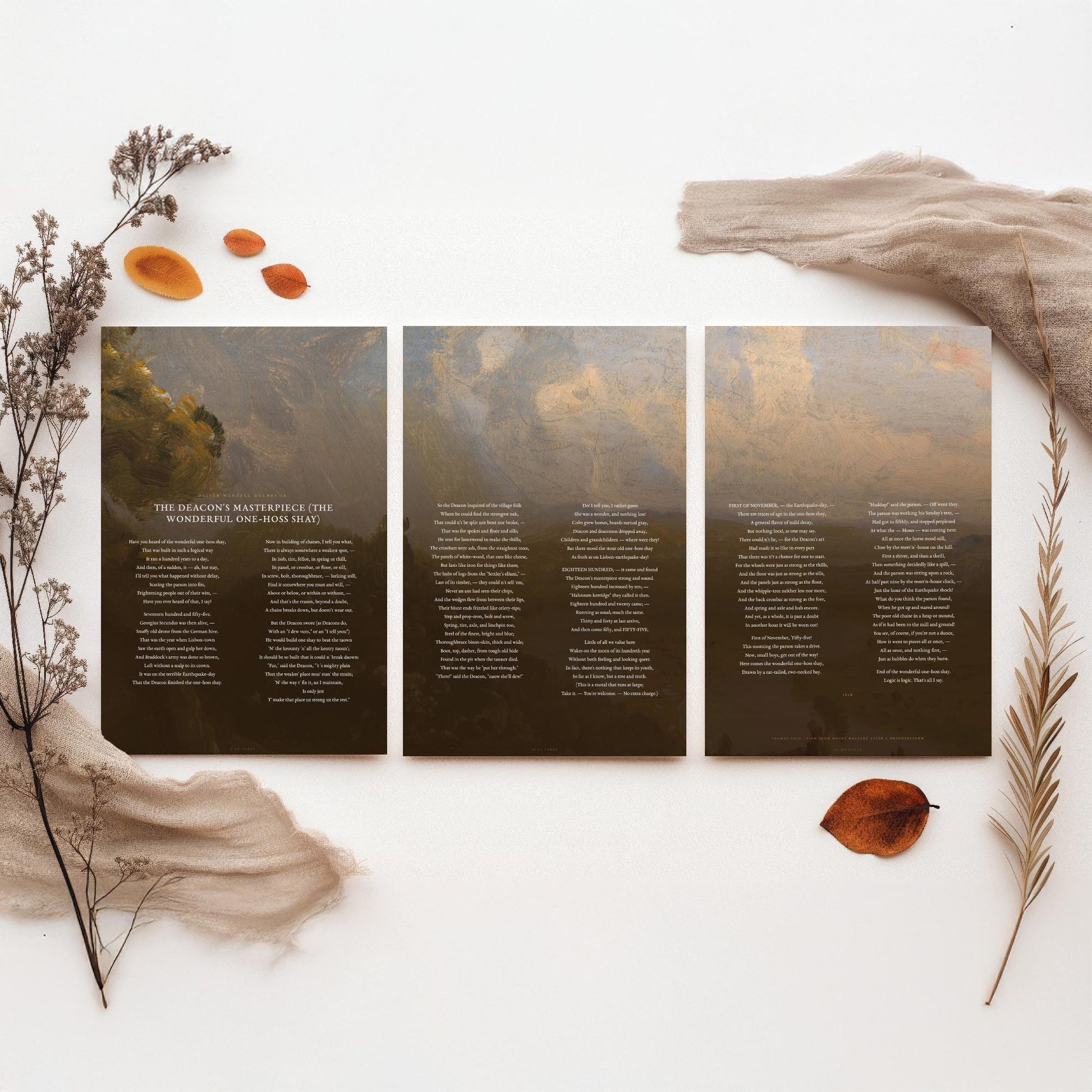 The Deacons Masterpiece by Oliver Wendell Holmes Set of Three Art Prints - One Hoss Shay Full Poem over Cole Painting - Poster Triptych