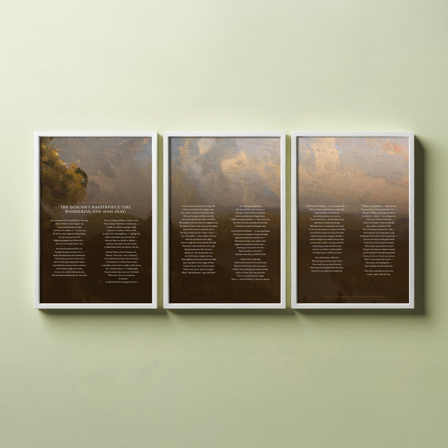 The Deacons Masterpiece by Oliver Wendell Holmes Set of Three Art Prints - One Hoss Shay Full Poem over Cole Painting - Poster Triptych