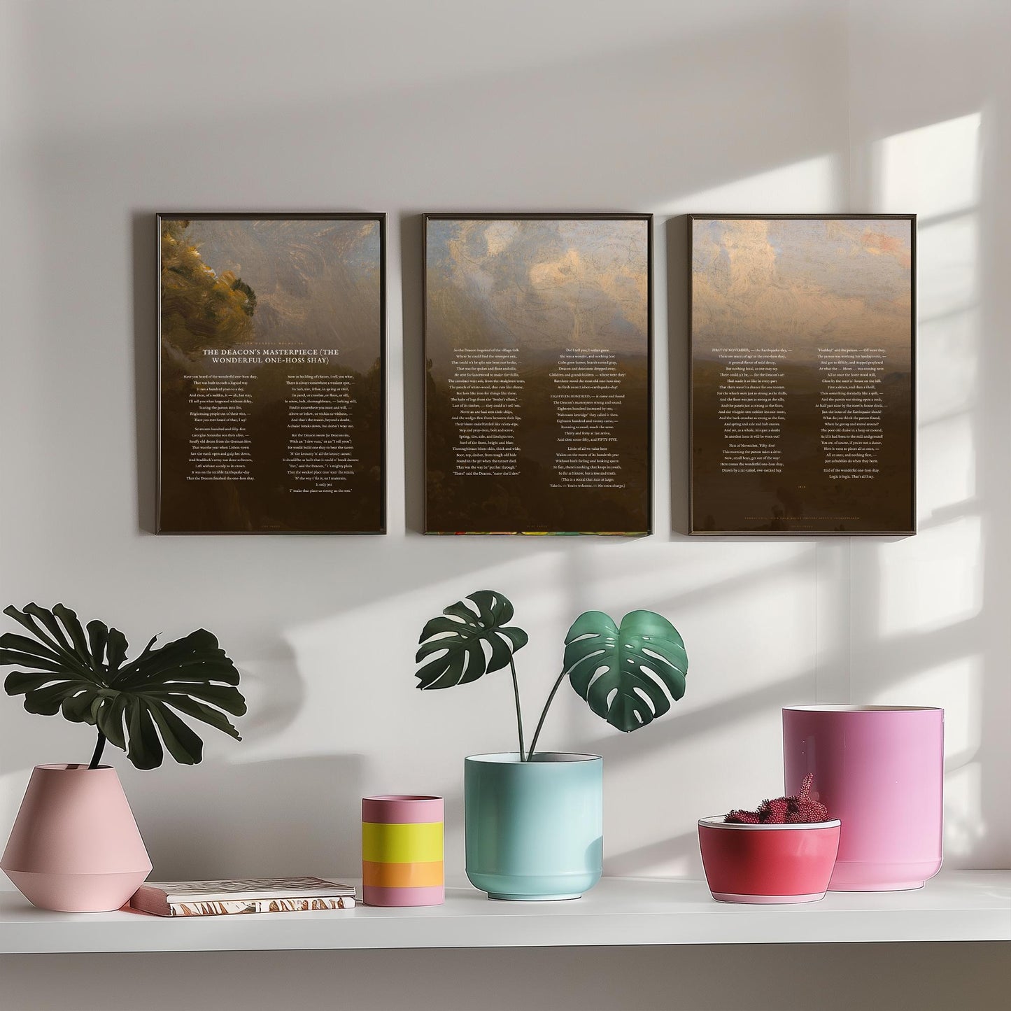 The Deacons Masterpiece by Oliver Wendell Holmes Set of Three Art Prints - One Hoss Shay Full Poem over Cole Painting - Poster Triptych