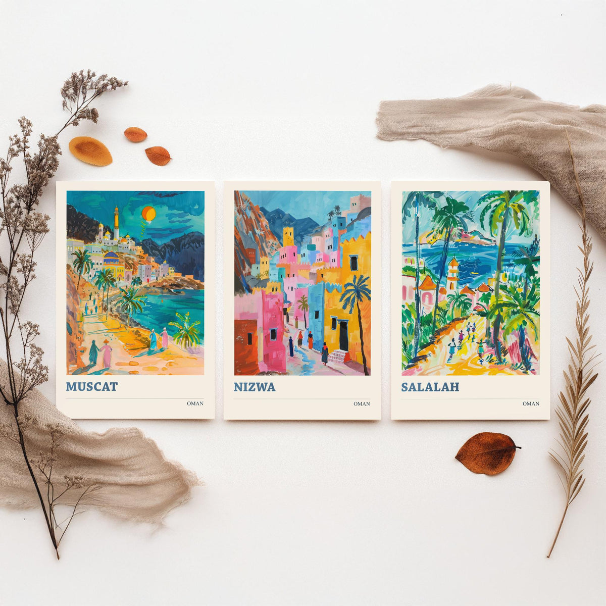 Set of Three Oman Travel Posters - Muscat, Nizwa, Salalah - 3 Colourful Art Prints - Gouache Painting Illustration Gift Map