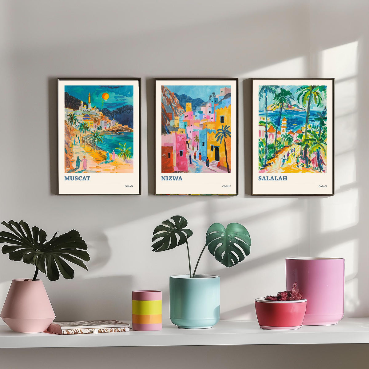 Set of Three Oman Travel Posters - Muscat, Nizwa, Salalah - 3 Colourful Art Prints - Gouache Painting Illustration Gift Map