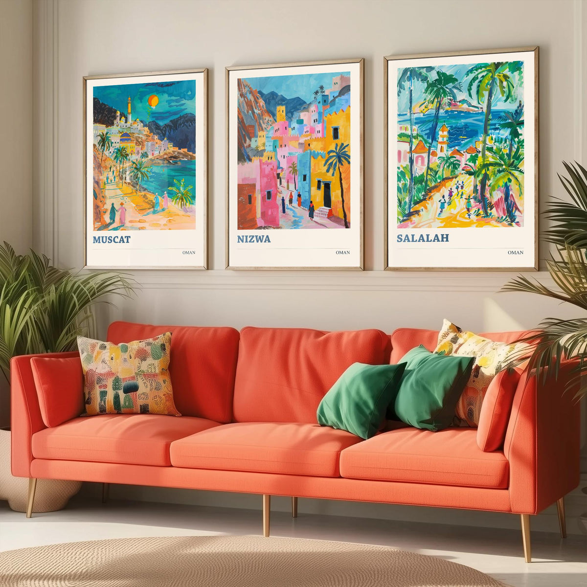 Set of Three Oman Travel Posters - Muscat, Nizwa, Salalah - 3 Colourful Art Prints - Gouache Painting Illustration Gift Map