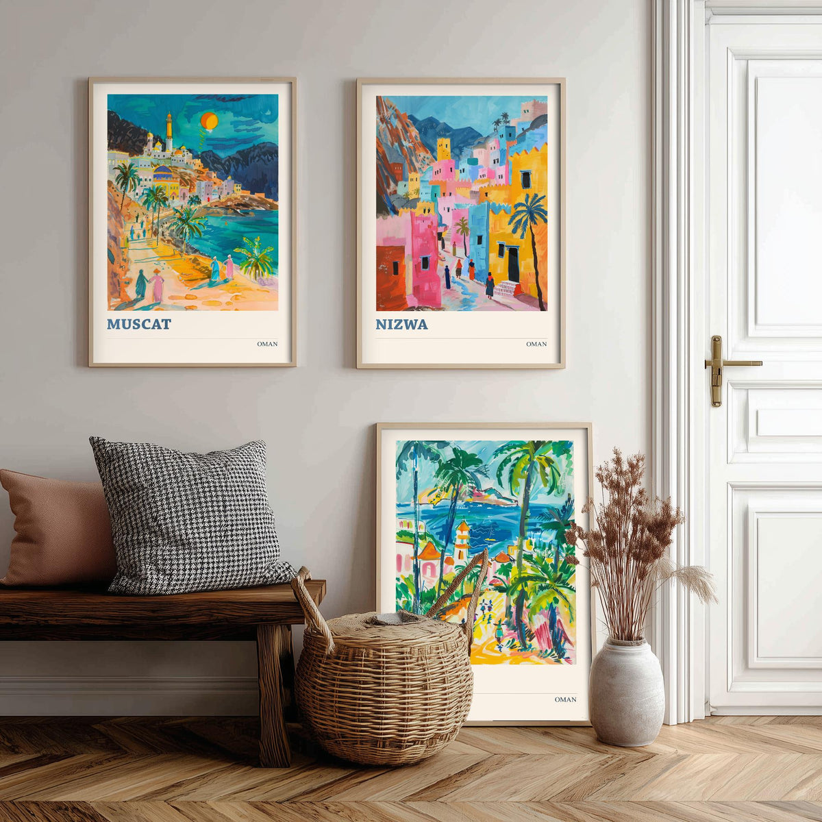 Set of Three Oman Travel Posters - Muscat, Nizwa, Salalah - 3 Colourful Art Prints - Gouache Painting Illustration Gift Map