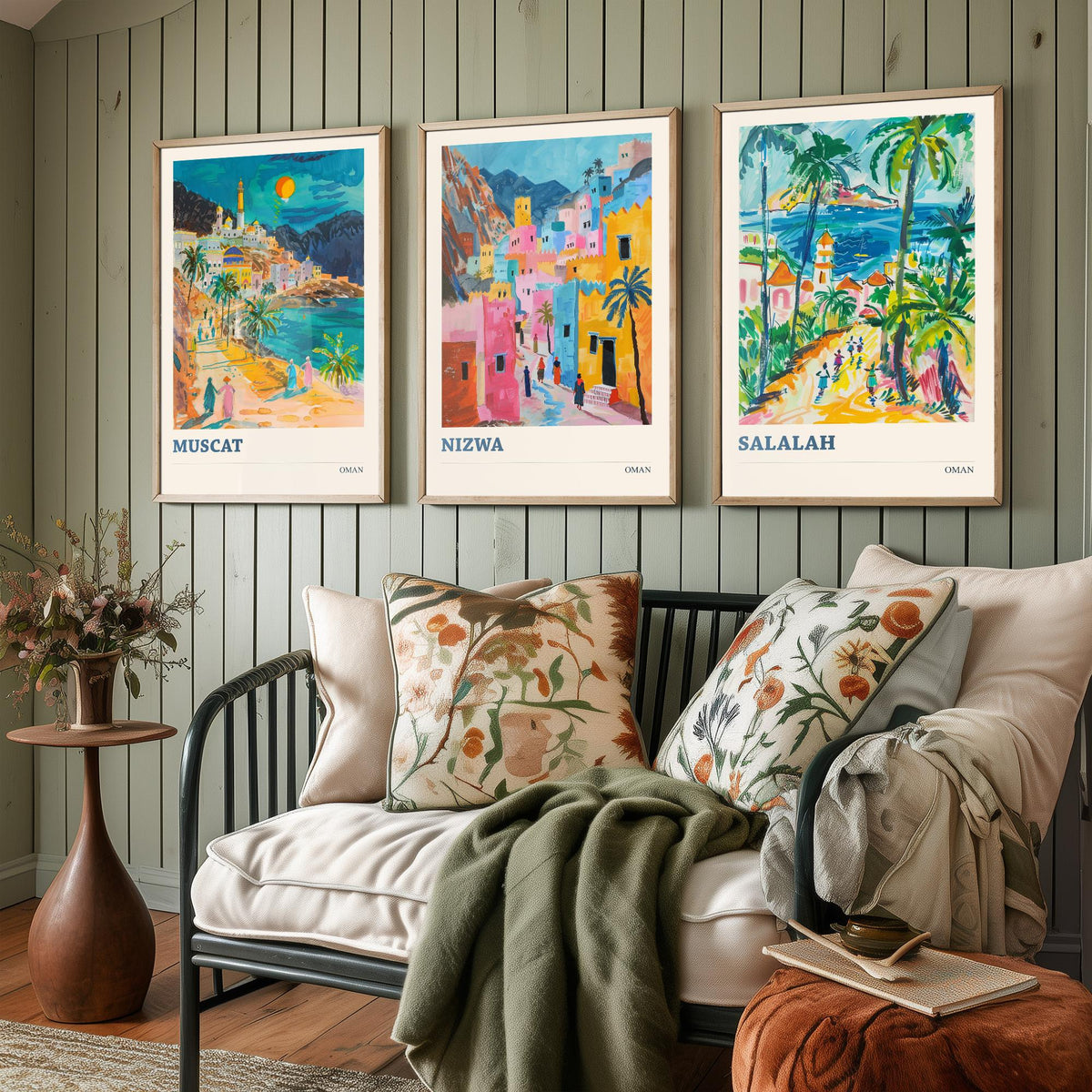 Set of Three Oman Travel Posters - Muscat, Nizwa, Salalah - 3 Colourful Art Prints - Gouache Painting Illustration Gift Map