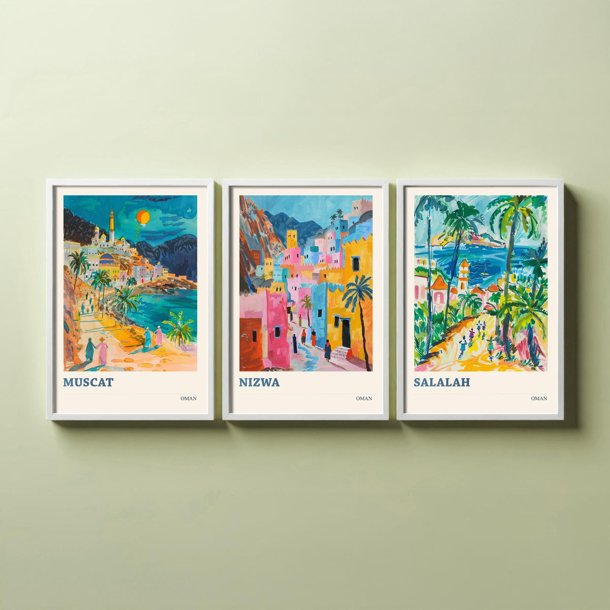 Set of Three Oman Travel Posters - Muscat, Nizwa, Salalah - 3 Colourful Art Prints - Gouache Painting Illustration Gift Map