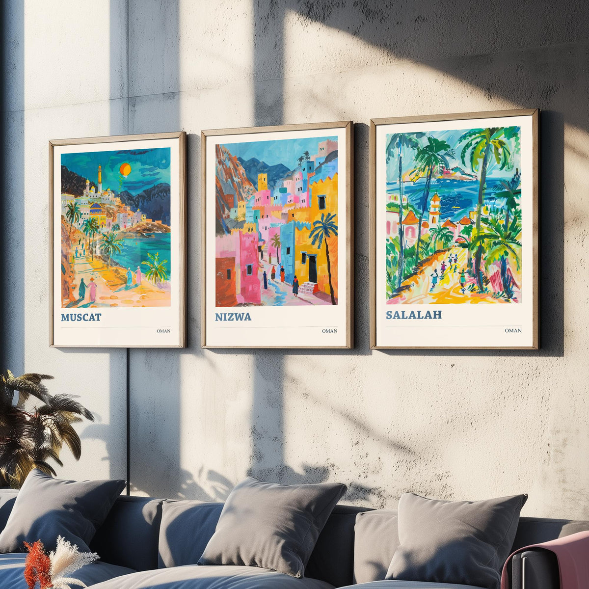 Set of Three Oman Travel Posters - Muscat, Nizwa, Salalah - 3 Colourful Art Prints - Gouache Painting Illustration Gift Map