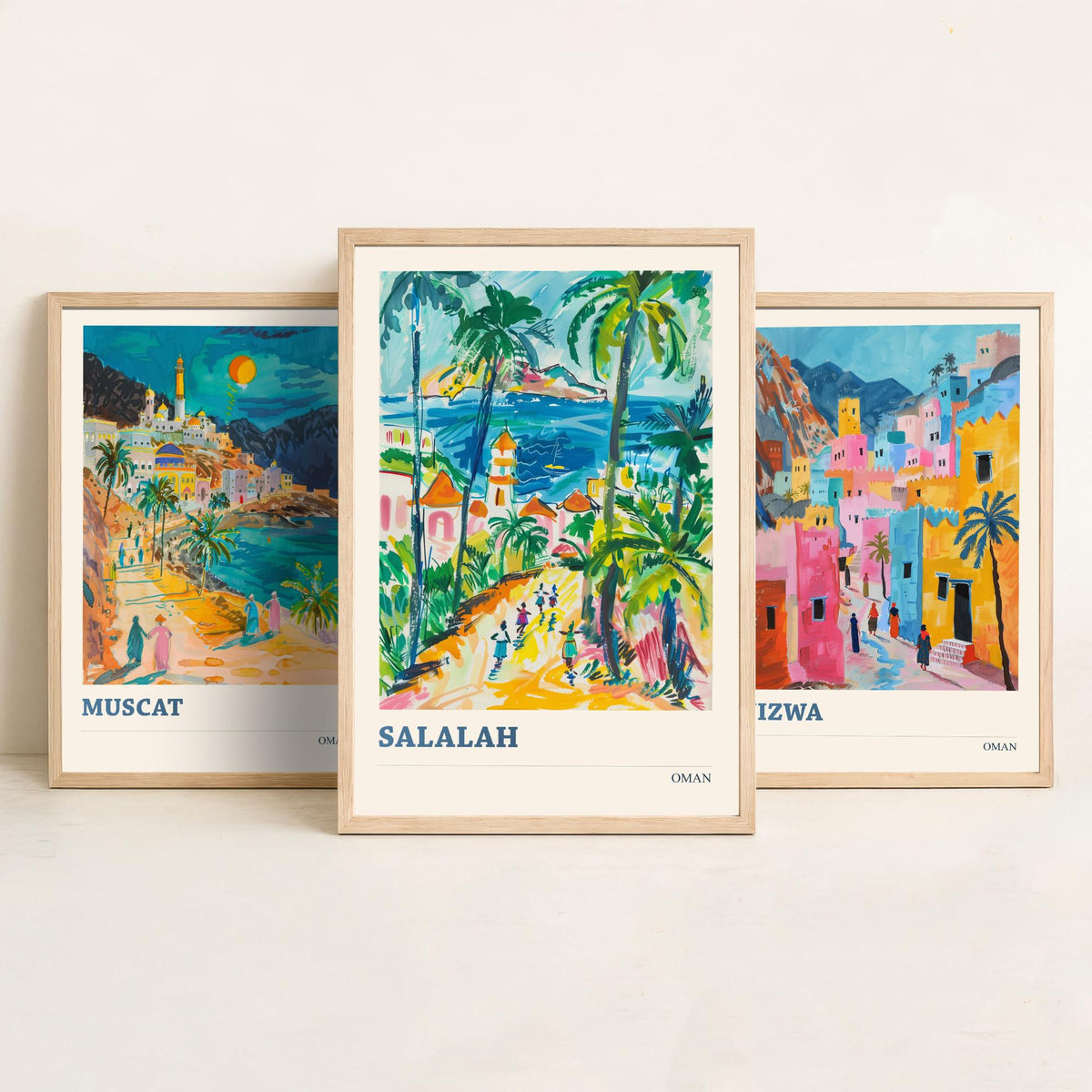 Set of Three Oman Travel Posters - Muscat, Nizwa, Salalah - 3 Colourful Art Prints - Gouache Painting Illustration Gift Map