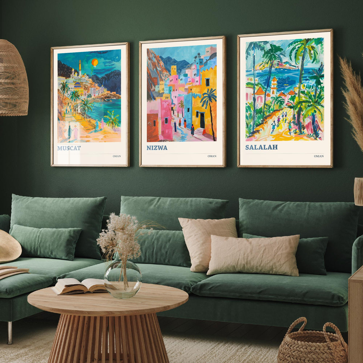 Set of Three Oman Travel Posters - Muscat, Nizwa, Salalah - 3 Colourful Art Prints - Gouache Painting Illustration Gift Map
