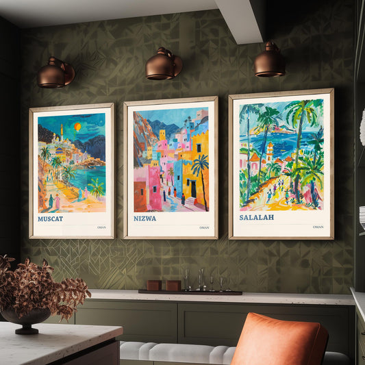 Set of Three Oman Travel Posters - Muscat, Nizwa, Salalah - 3 Colourful Art Prints - Gouache Painting Illustration Gift Map