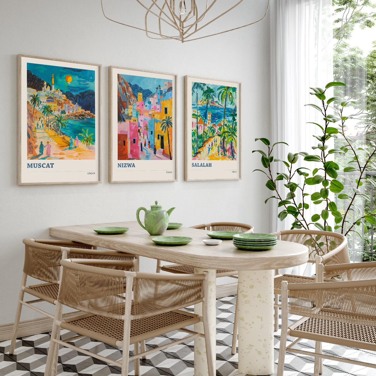 Set of Three Oman Travel Posters - Muscat, Nizwa, Salalah - 3 Colourful Art Prints - Gouache Painting Illustration Gift Map